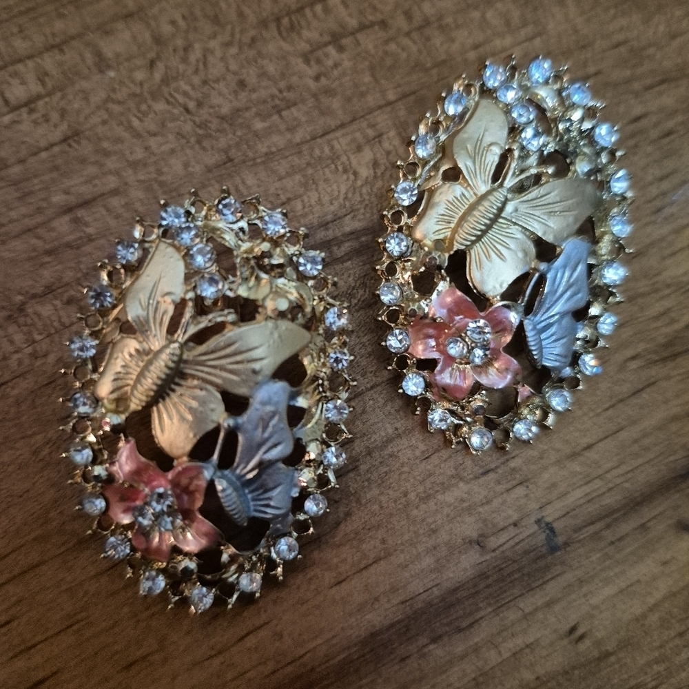 Butterfly Earrings Gold Pink Pierced Ears Ladies Large